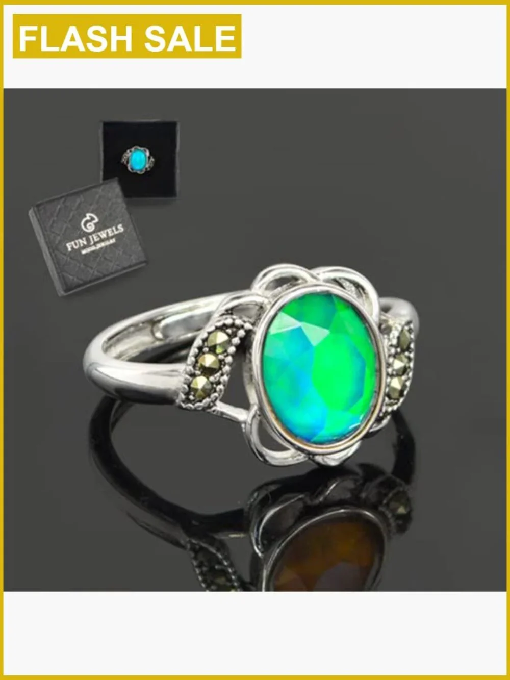 Vintage Flower Mood Ring Adjustable Brass Crystal Size 8mm